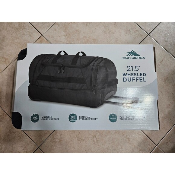 High Sierra Black 21.5” Wheeled Duffel Bag Drop Bottom Black Carry On Bag - Picture 2 of 4